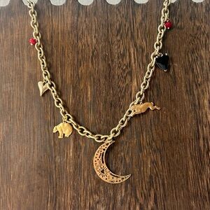Gold Charm Necklace with Moon and Elephant